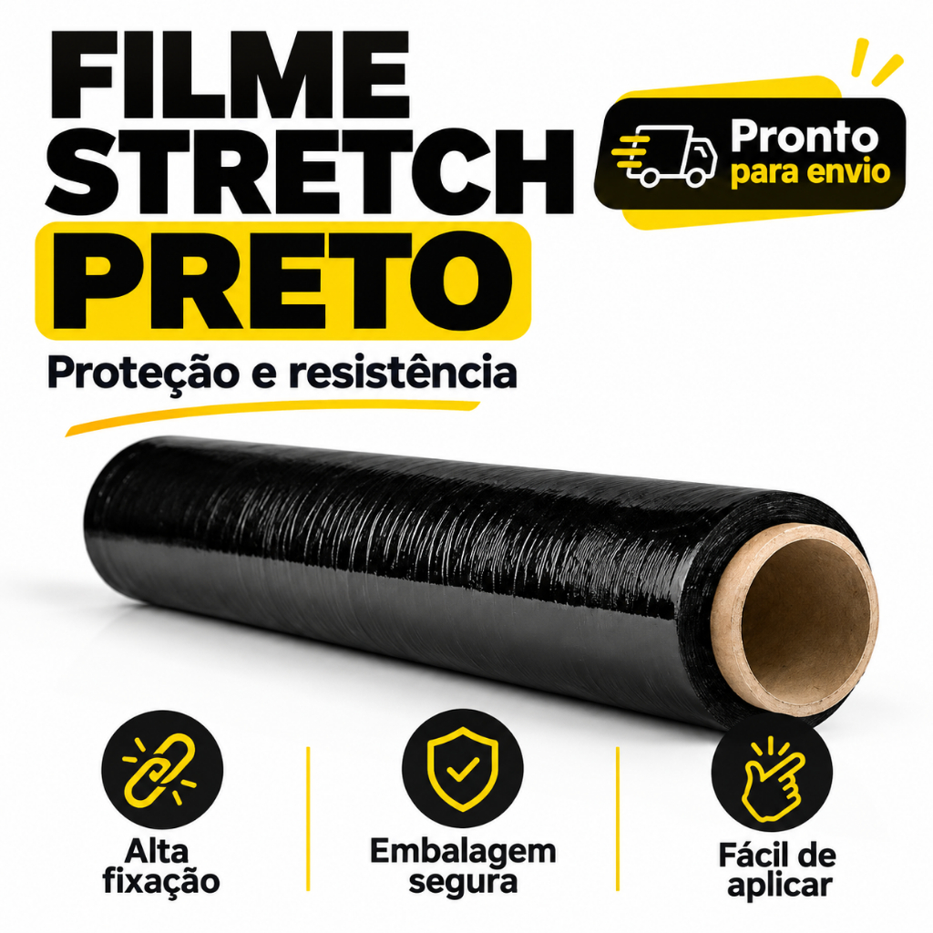 BOBINA FILME STRETCH PRETO 500MM X 25 MICRAS 2KG 200M RESISTENTE COM ALTA ADERÊNCIA E COBERTURA TOTAL DO PRODUTO