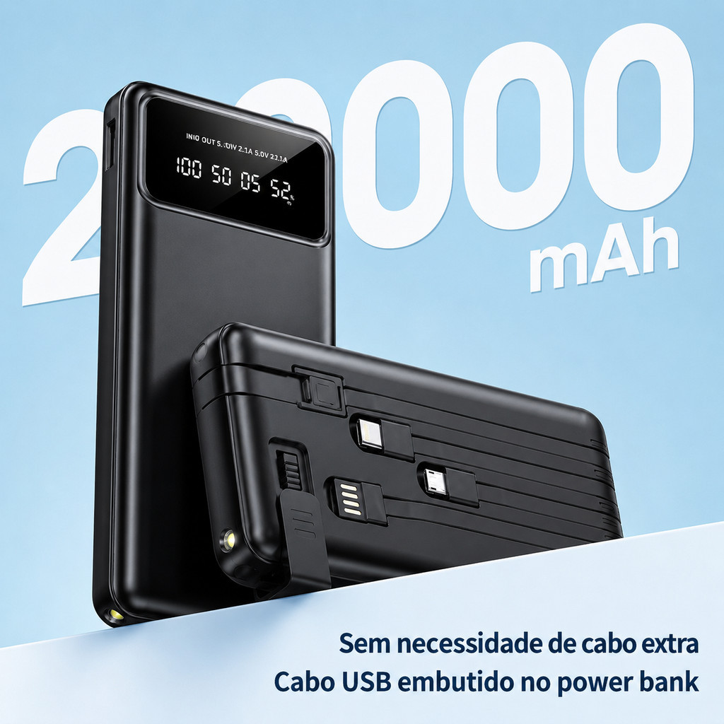 Power Bank 20000mAh com Suporte para Celular Display LED Cabos Integrados Carregamento Rápido