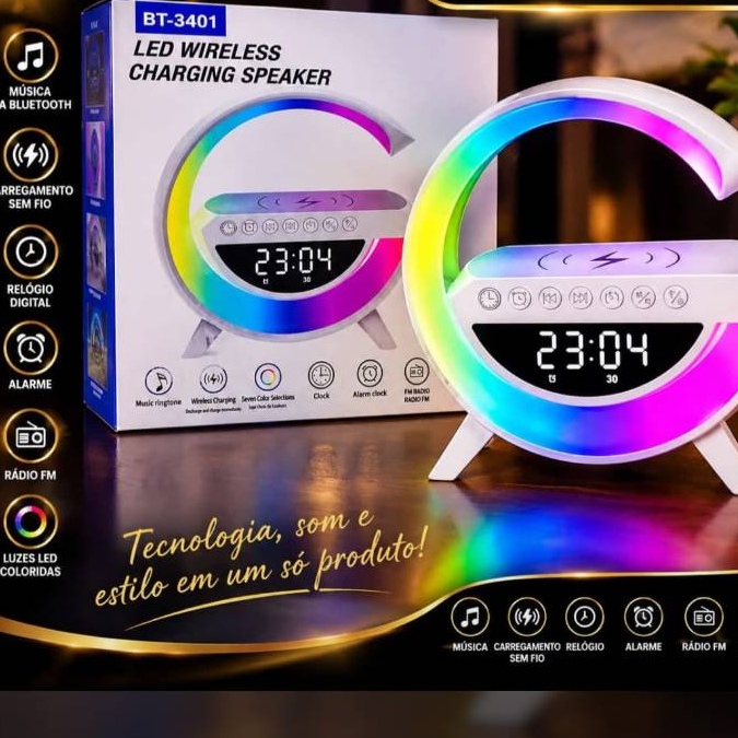 Luminária com Caixa de Som Bluetooth, Iluminação RGB e Carregamento por Indução