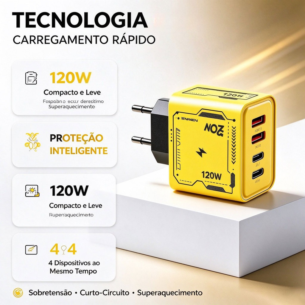 Carregador (2USB-A QC3.0 + 2Type-C PD) Super Turbo 120W Ultra Rápido Cabo Tipo C Telefone USB-QC 3.0 Adaptador