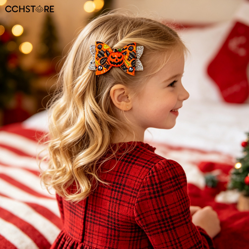 Kids Halloween Costume Props Glitter Bow Hair Accessories Clips for Girls Double Layer Ghost Pumpkin Eyeball Hairpins Cu