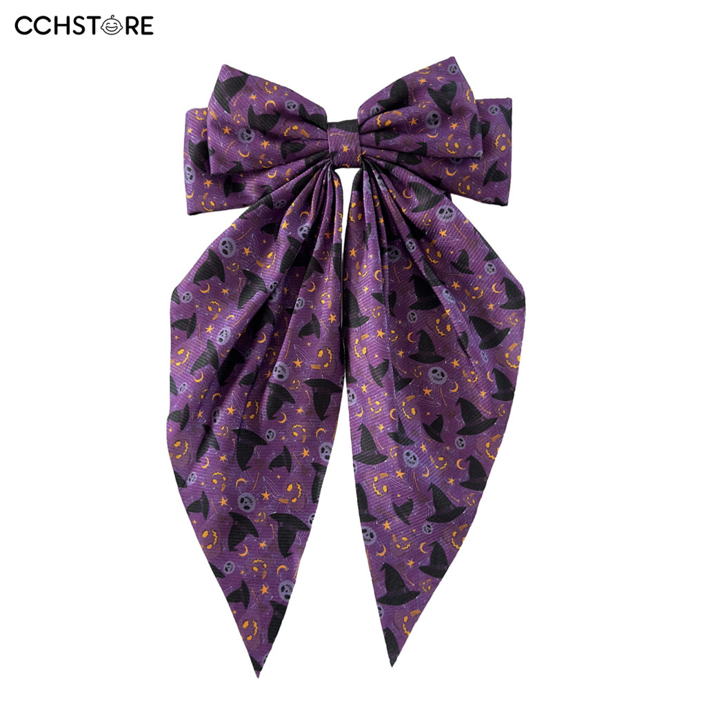 Pumpkin Hairpin Ghost Pattern Halloween Satin Hair Bows for Women Girls – Ribbon Clips Oversized Long Tail Barrettes C