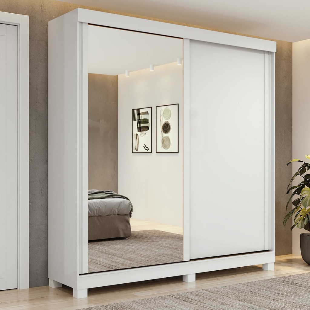 Guarda-roupa 2 Portas de Correr 2 Gavetas Easy com Espelho e Pés Light  Branco