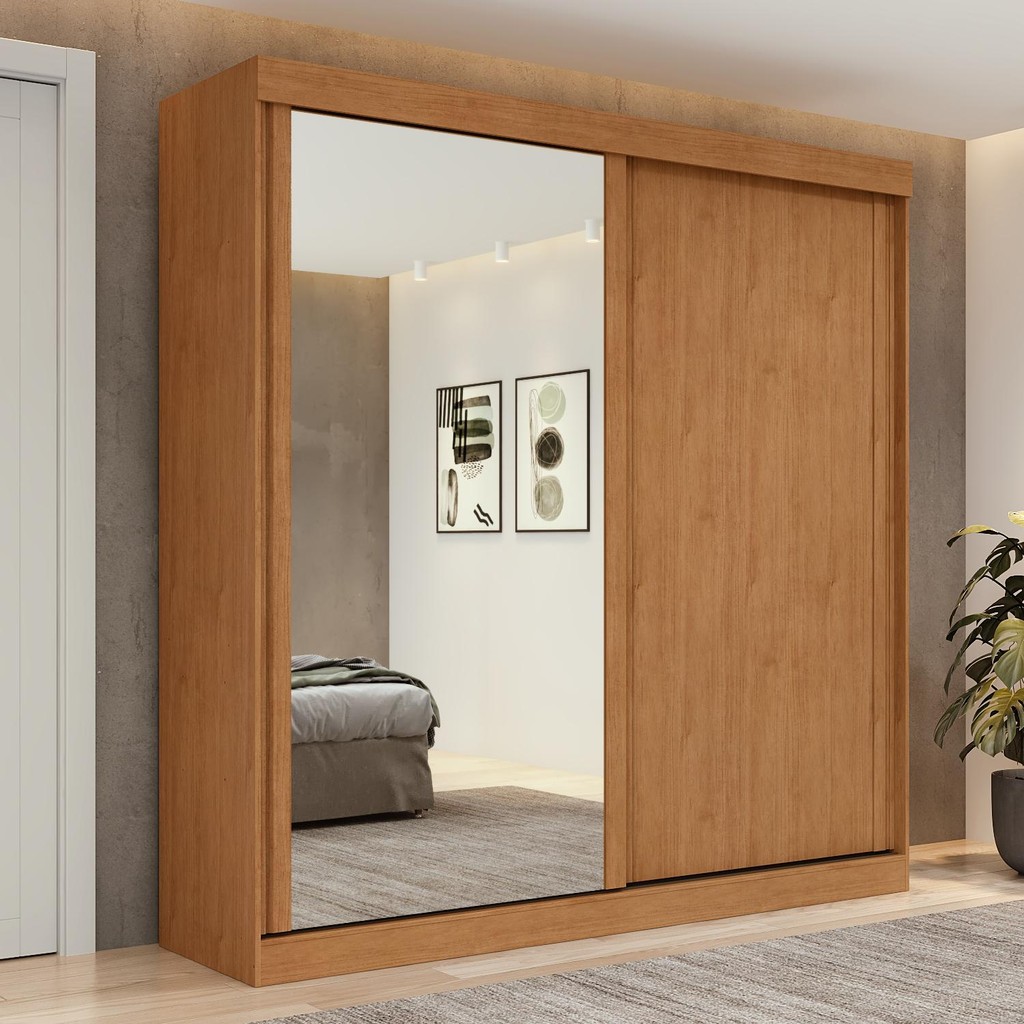Guarda-Roupa 2 Portas de Correr 2 Gavetas Easy Light com Espelho Amendoa Clean/off White/Amen