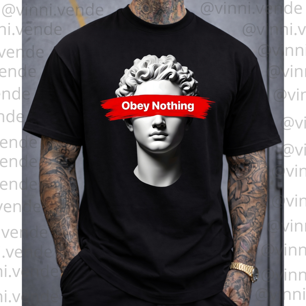 Camiseta Masculina Streetwear Estátua David Obey Nothing Algodão Premium Casual
