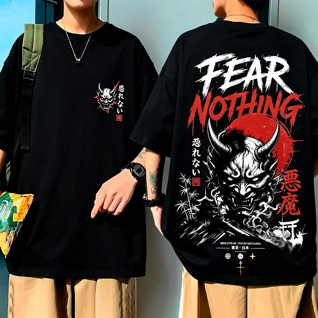 Camiseta Unisex de Alta Qualidade, Design com Máscara Oni Estilizada, Estampa com texto 
