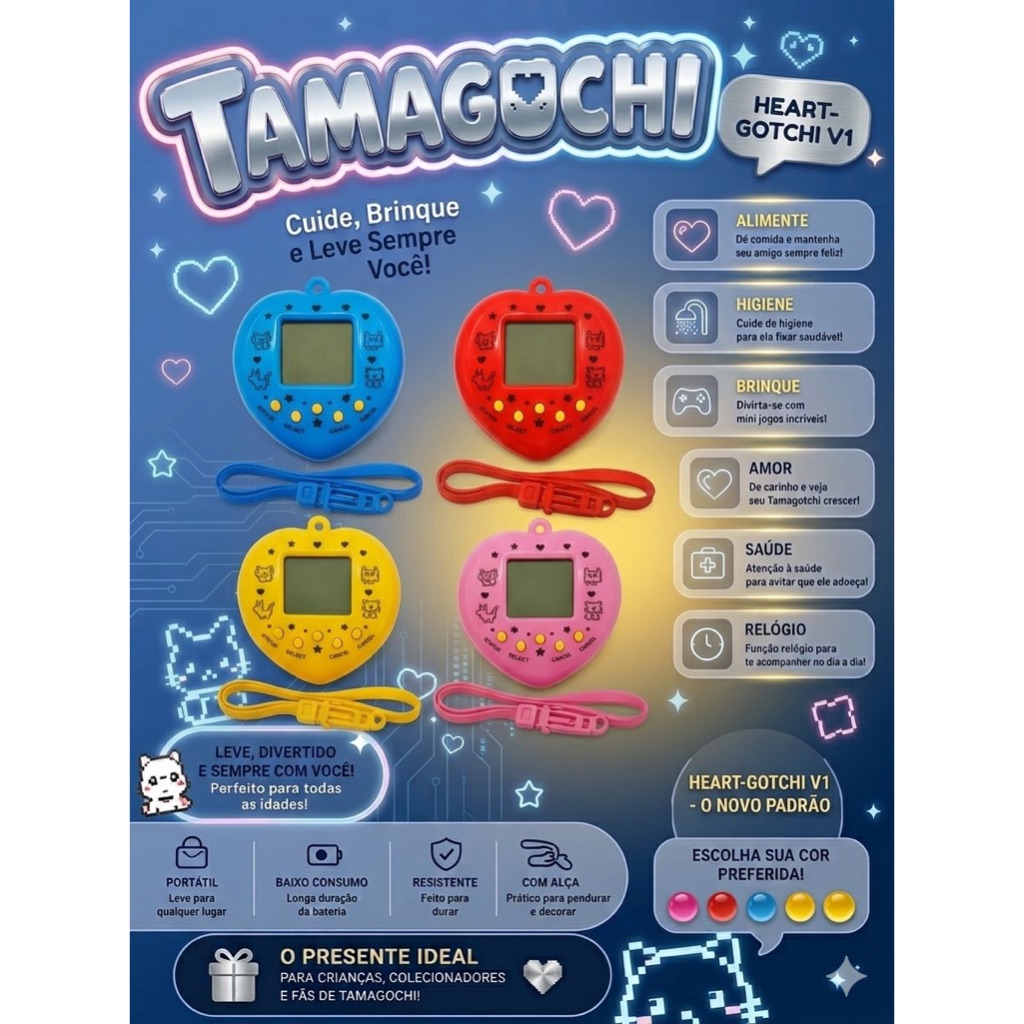Bichinho Virtual Tamagotchi Retrô 168 Em 1 Brinquedo Nostalgia Anos 90 Pet Digital Com Cordão Várias Cores