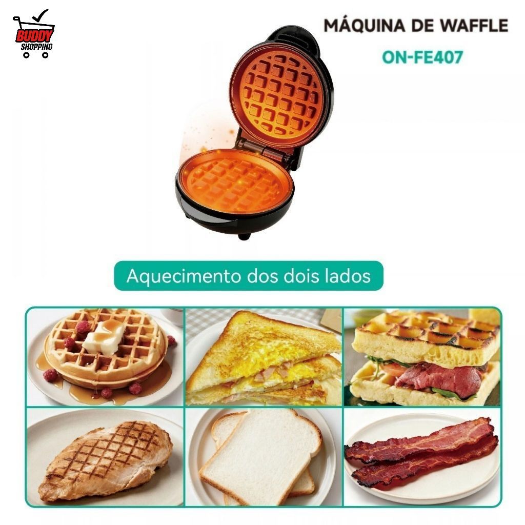Máquina de Waffle Elétrica Mini 600W Antiaderente Termostato Automático Compacta Preta ON-FE407