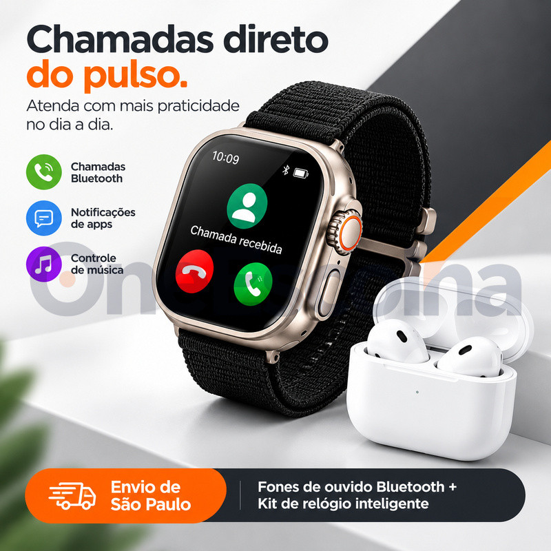 Opções: Smartwatch + Conjunto de Fones de Ouvido, Carregamento sem fio, Tela Tátil HD, Chamadas Bluetooth