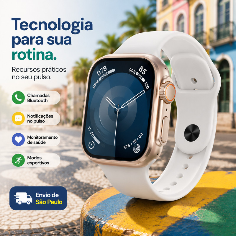 Smartwatch para atividades diárias, com chamadas via Bluetooth, notificações no pulso e funções de contagem de passos.