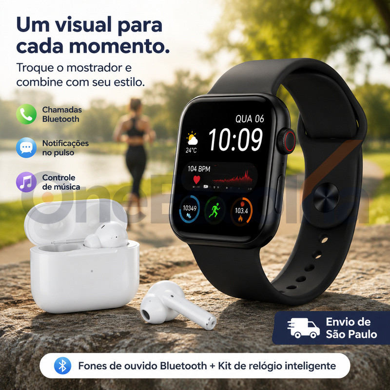 Kits à escolha: Kit com Smartwatch e Fones de Ouvido, Chamadas Bluetooth, Controle de Música, iOS & Android