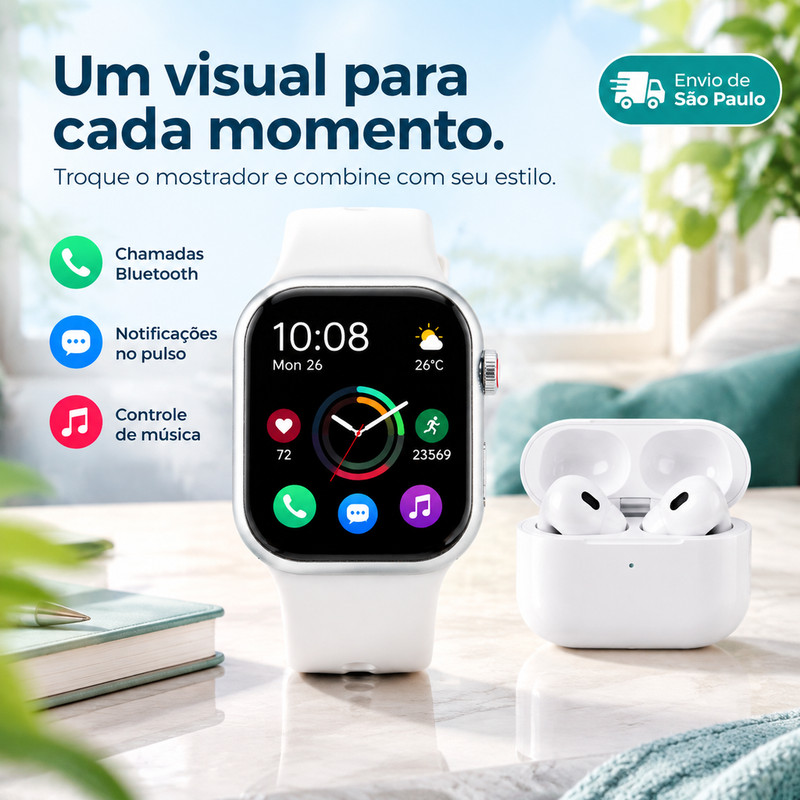 Envio de São Paulo, pacotes opcionais: smartwatch + fones de ouvido, chamadas via Bluetooth, compatível com sistemas iOS