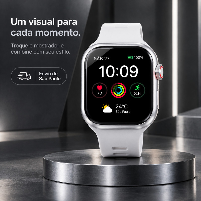 O smartwatch W9 de São Paulo tem um design moderno, permite fazer chamadas via Bluetooth, registra atividades esportivas