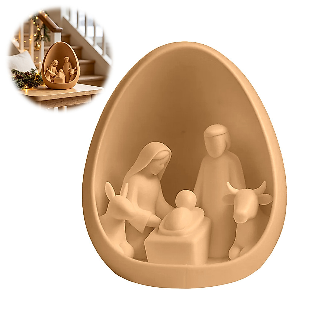 Christmas Nativity Scene Ornament Eggshell Shaped Decoration 3d Printed Egg-shaped Figurine – Minimalist Holy Family M