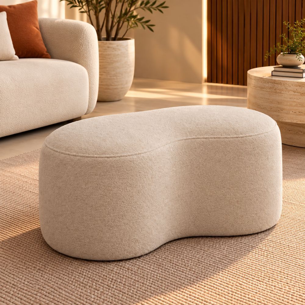 Puff Seok Recamier 100cm Banco Curvo Estofado Premium para Sala Quarto e Closet Suede Bege