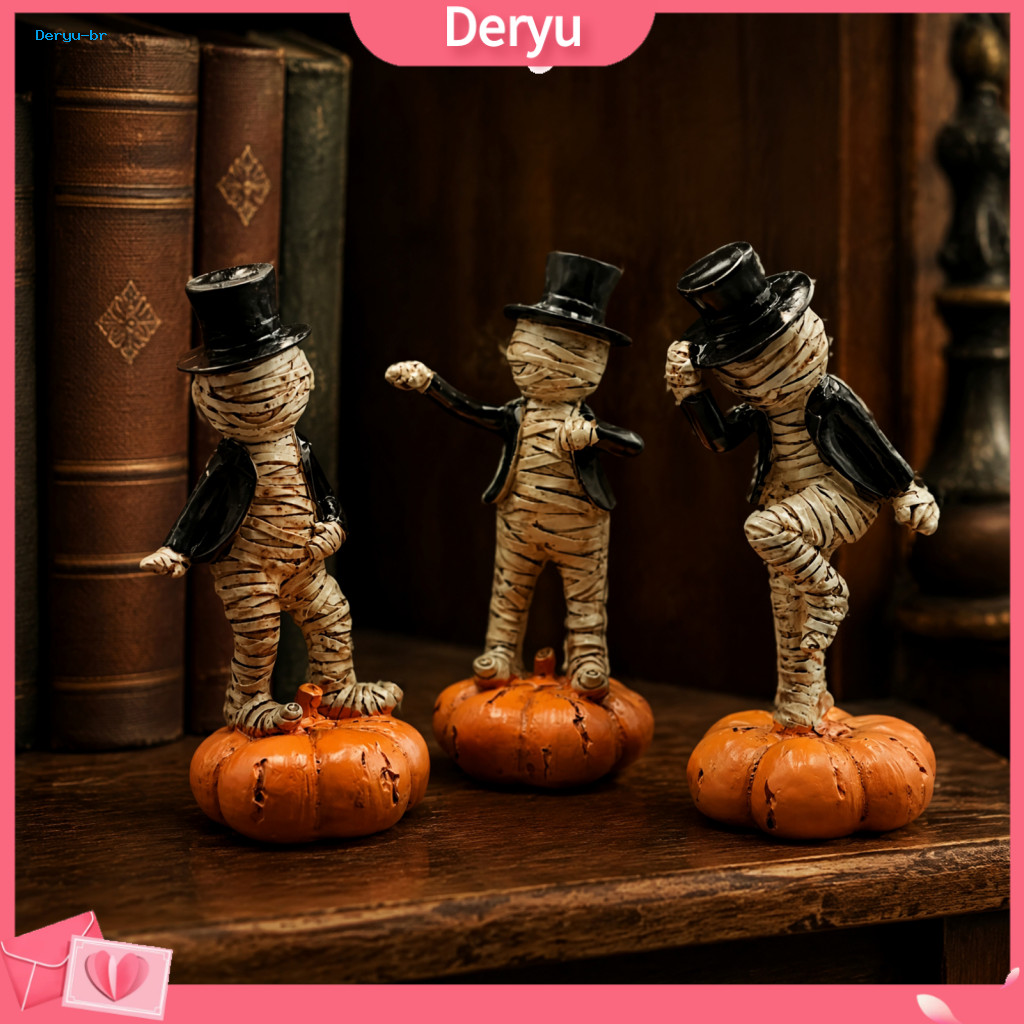 Halloween Gift for Toy Enthusiasts Mummy Ornament Figurine with Pumpkin Base Funny Gentleman Statue Top Hat Spooky Table