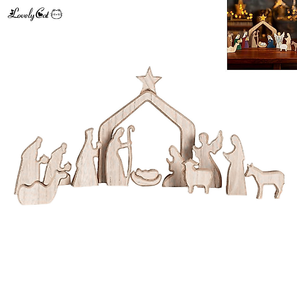 Nativity Scene Decorations Christmas Gifts Wooden Set – Stable Baby Jesus Figurines Handmade Holiday Table for Home Pa