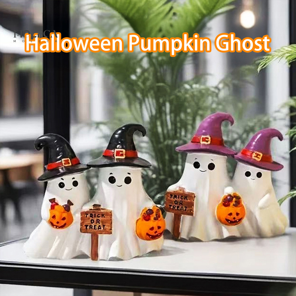 Ghost Figurines for Desk Halloween Gifts for Book Lovers Figurine Cute Resin Statue with Witch Hat Spooky Table Tiered T