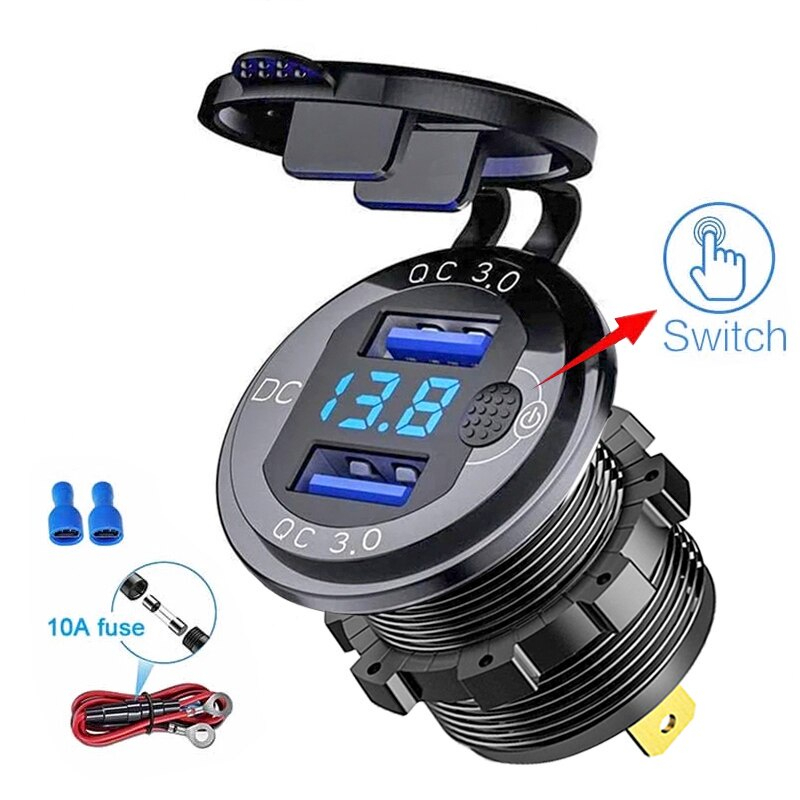 QC 3.0 36 W Tomada De Carregador De Carro Dual USB Carga Rápida Do Carro Soquete Com Interruptor Voltímetro Para 12 V/24 Motocicleta ATV Barco