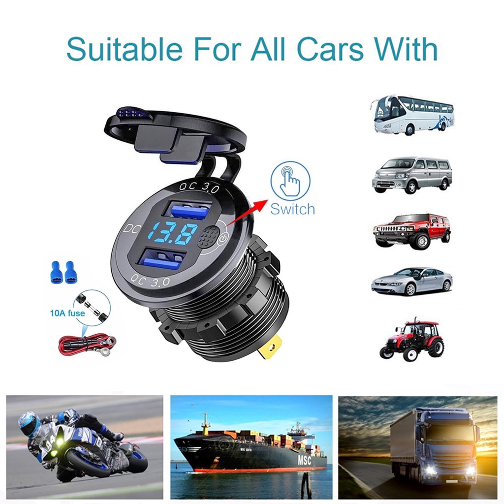 Carga Rápida QC 3.0 36 W Carro Tomada Carregador Dual USB À Prova D'água Com Interruptor Voltímetro Para 12 V/24 Motocicleta ATV Barco Marinha RV