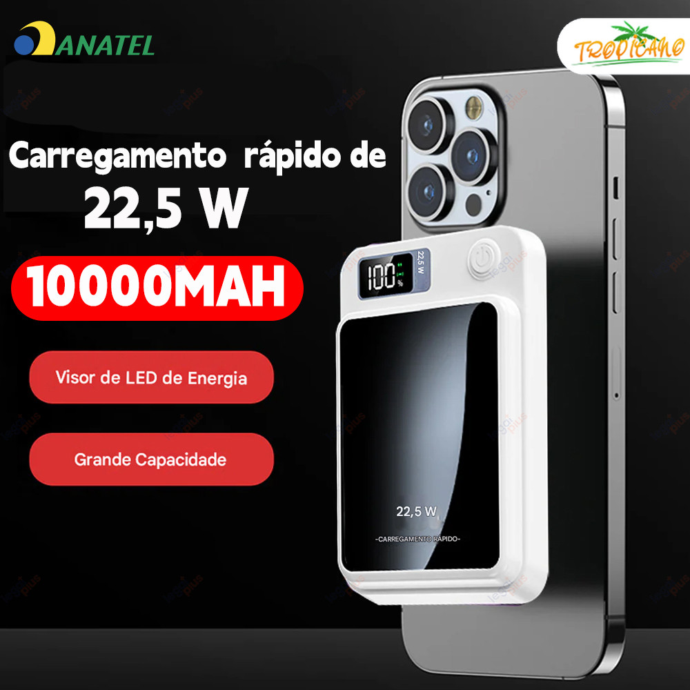 Powerbank 10000 mAh MagSafe com Display Digital - Carregador Rápido Sem Fio para Apple e Dispositivos Android