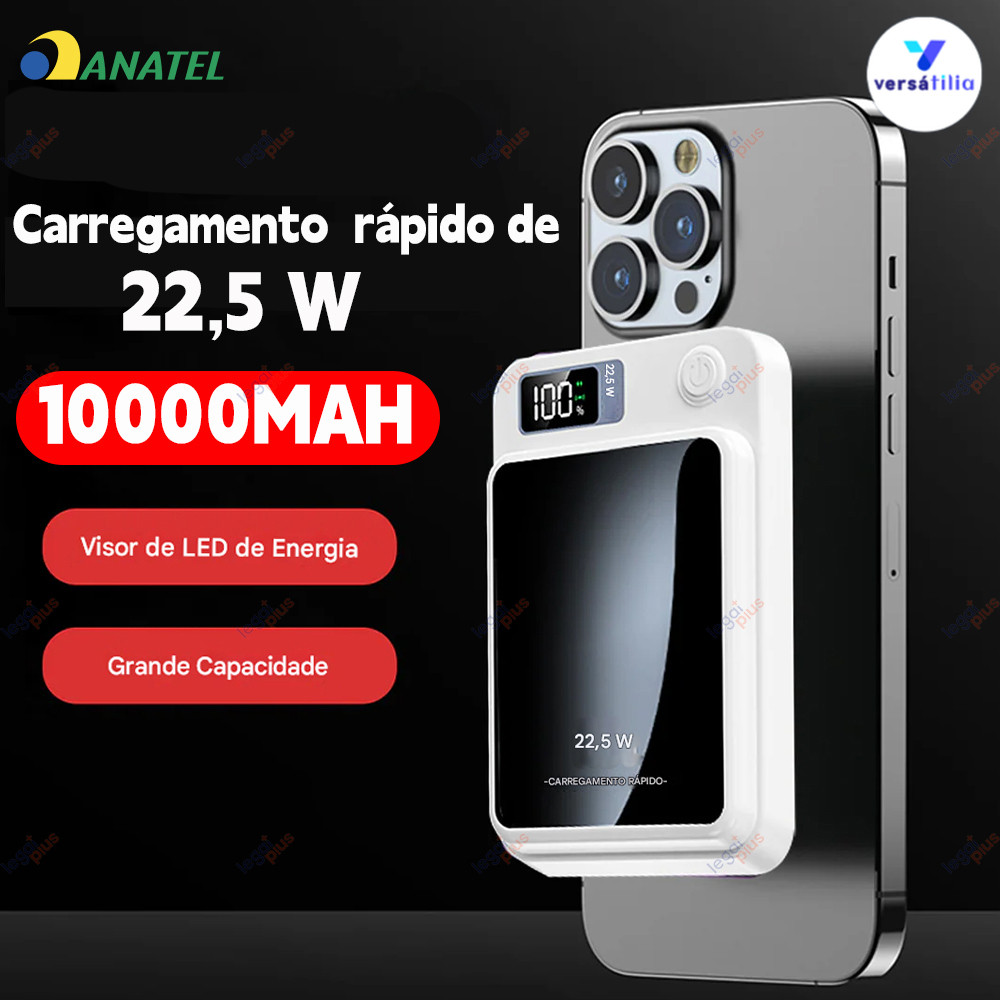 Powerbank 10000 mAh MagSafe com Display Digital - Carregador Rápido Sem Fio para Apple e Dispositivos Android