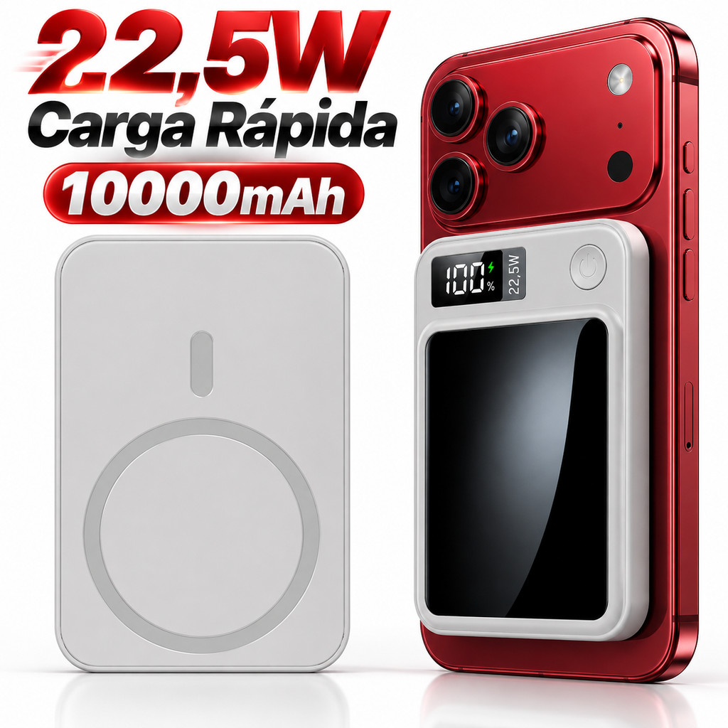 Powerbank 10000 mAh MagSafe com Display Digital - Carregador Rápido Sem Fio para Apple e Dispositivos Android