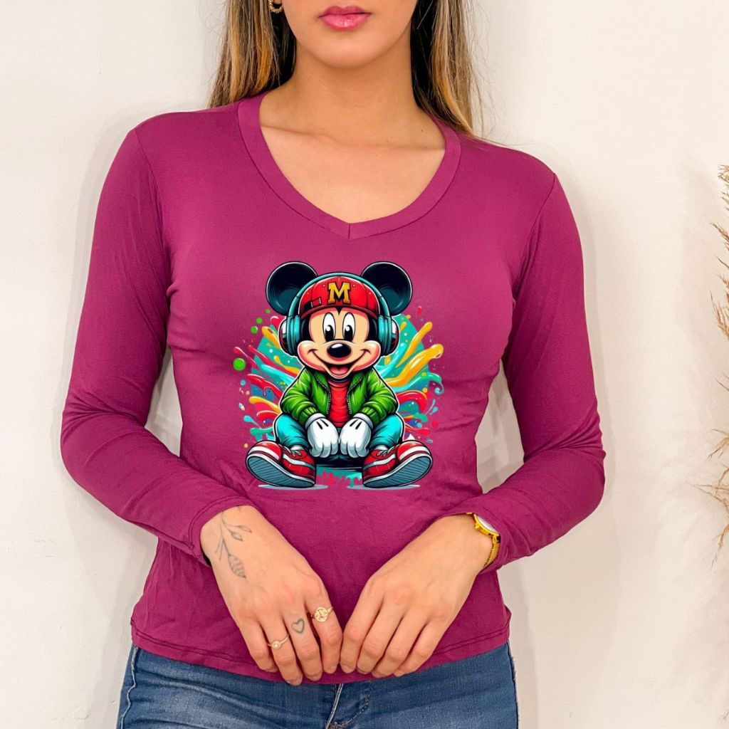 Blusa feminina ESTAMPA Mickey Fone gola v manga Longa