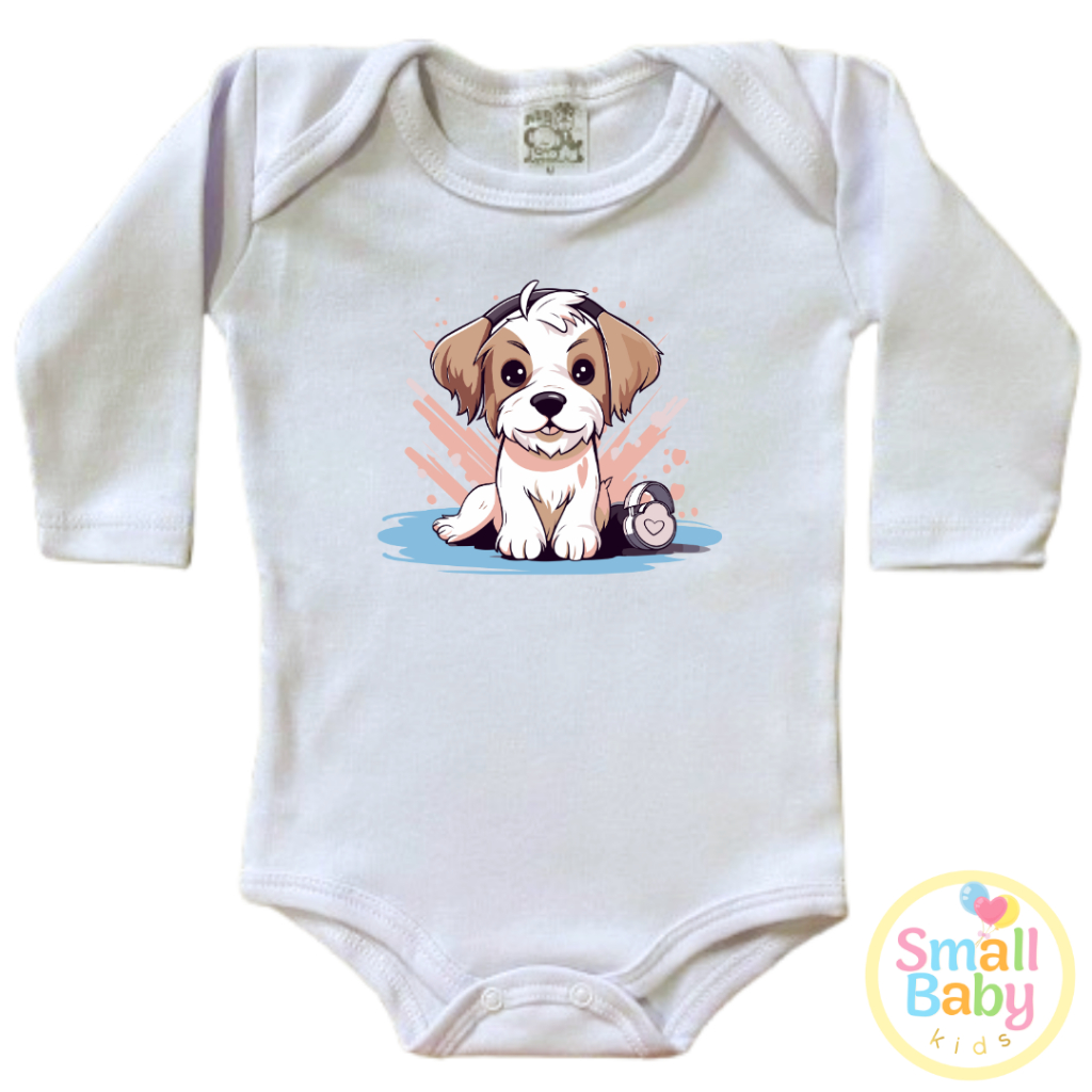 Body Bebe Infantil Cachorro Cachorrinho Fofo Fone de Ouvido Manga Longa