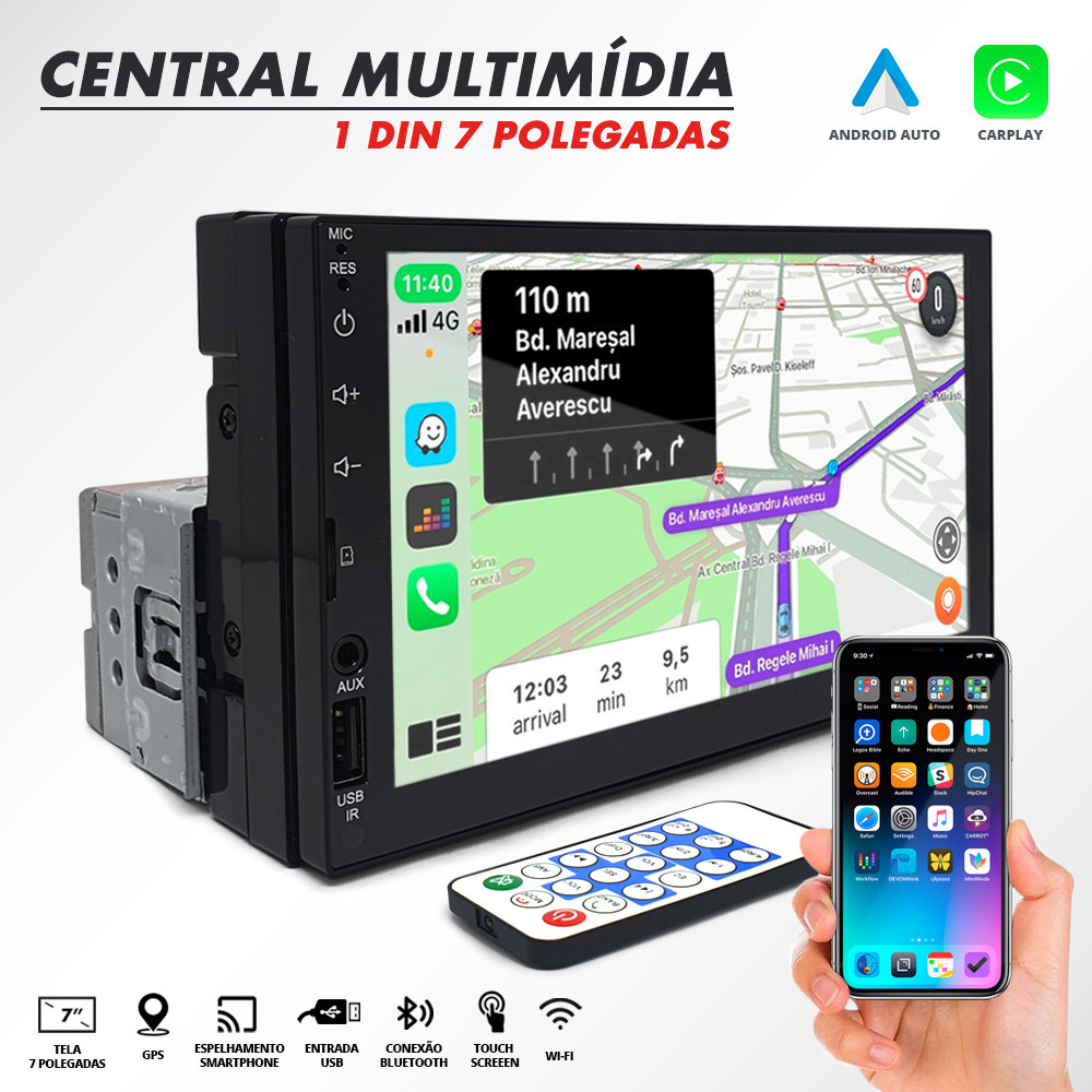 Central Multimídia 1 Din 7 Polegadas Range Rover Bluetooth Espelhamento Android Auto