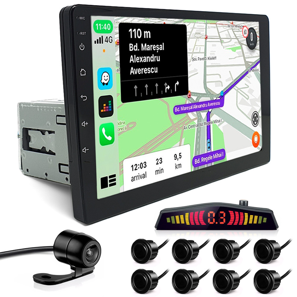 Kit Multimídia 1 Din 9 Polegadas + Câmera Ré + Sensor 8 Pontos Preto Range Rover Espelhamento Android Auto