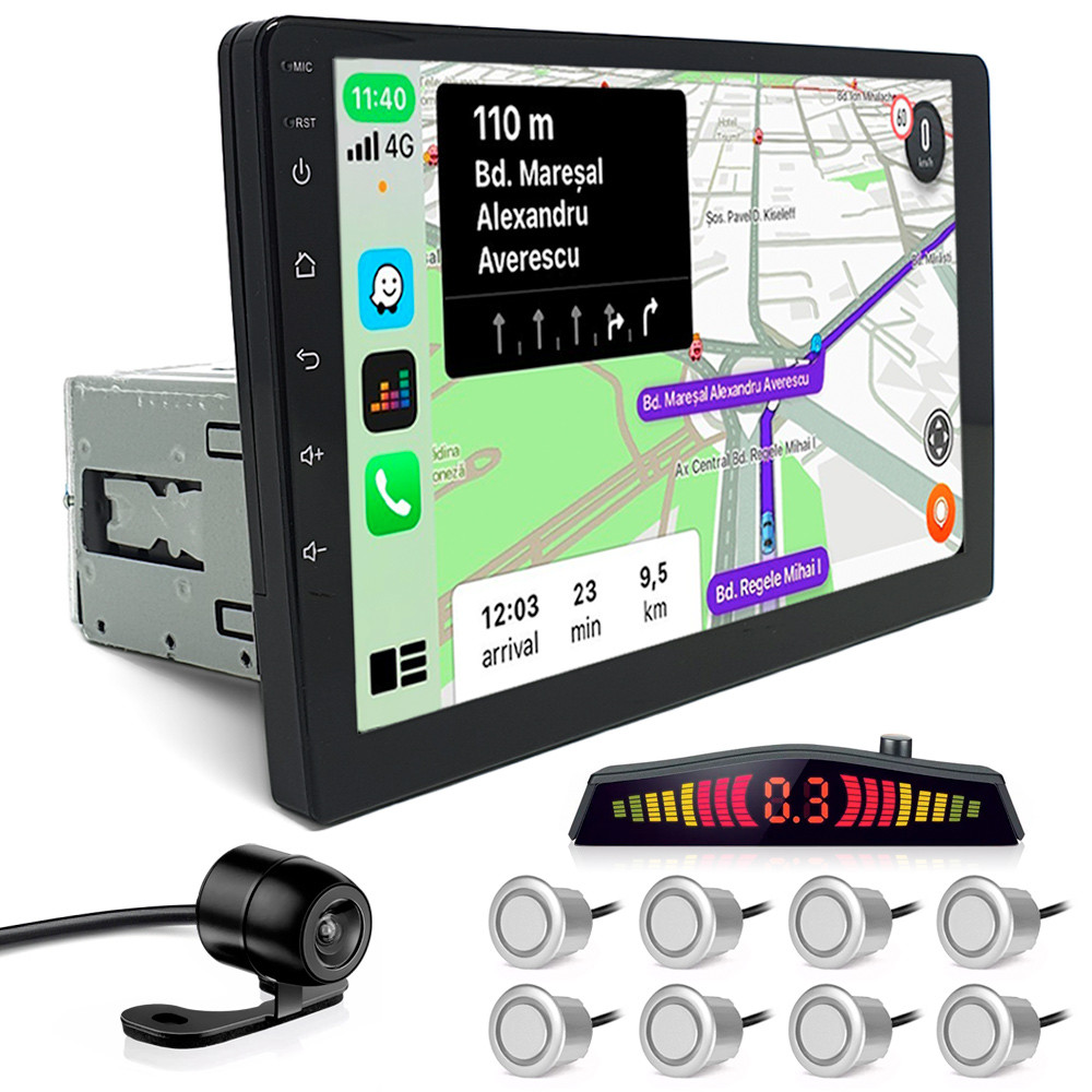 Kit Multimídia 1 Din 9 Polegadas + Câmera Ré + Sensor 8 Pontos Prata Range Rover Espelhamento Android Auto