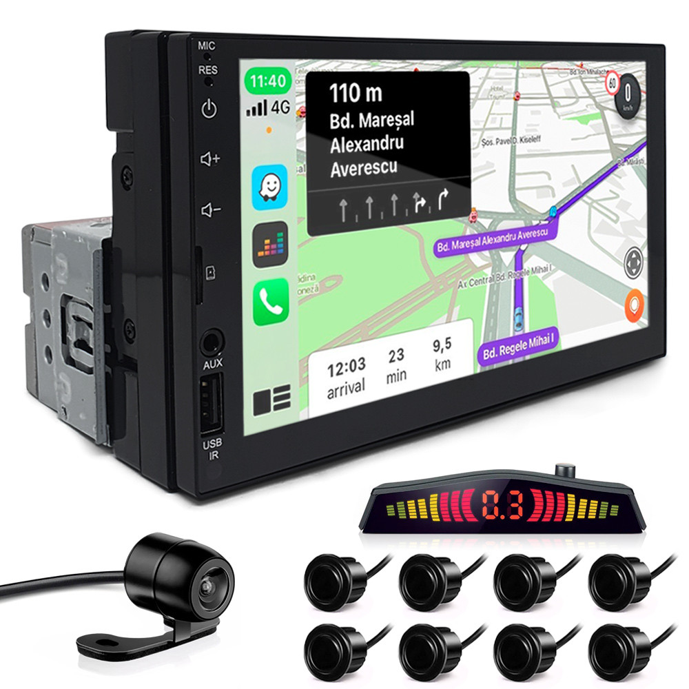 Kit Multimídia 1 Din 7 Polegadas + Câmera Ré + Sensor 8 Pontos Preto Range Rover Espelhamento Android Auto
