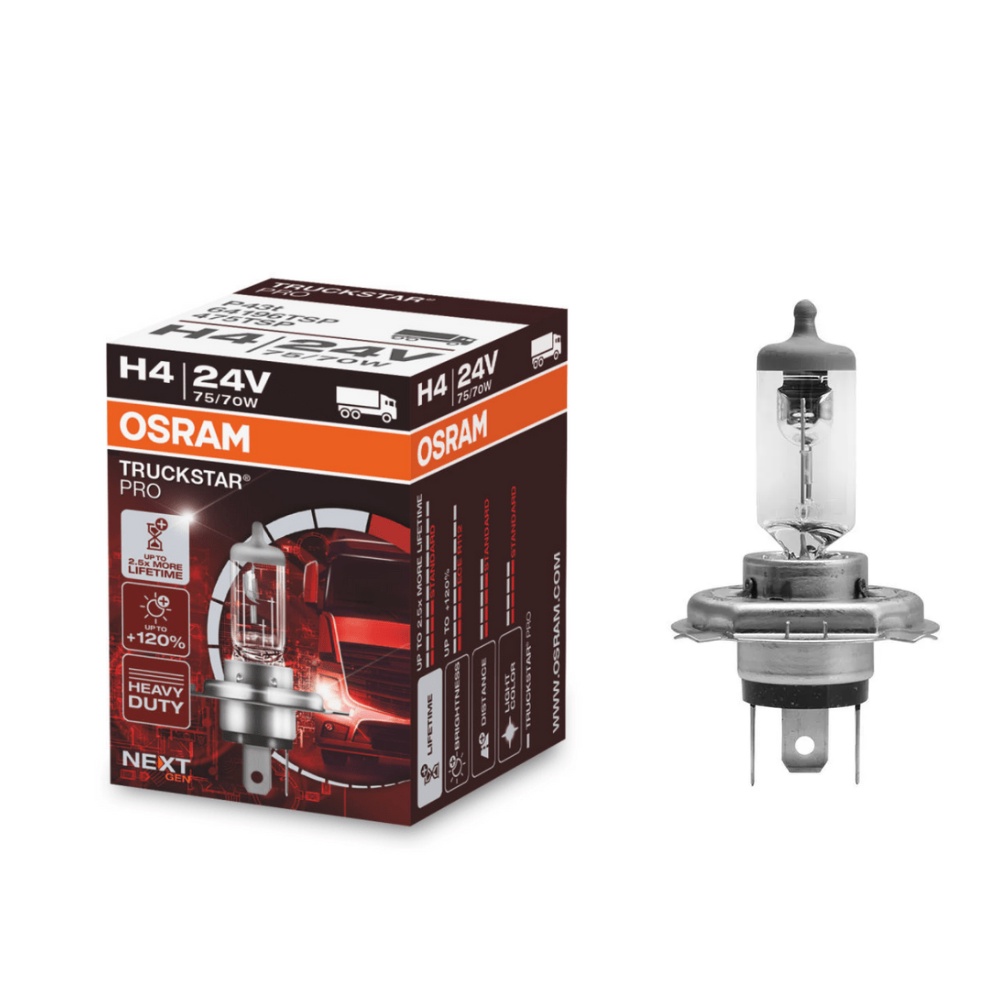 Lâmpada Osram TruckStar PRO H4 3200K 120% + Luz 24V 75/70W