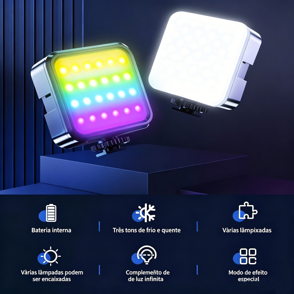 Luz LED RGB Portátil com Clipe - Temperatura 3200K a 6500K, Iluminador para Lives, Selfies e Gravação de Vídeos