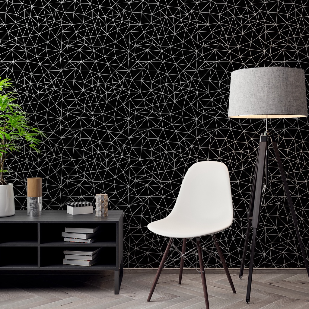 Papel de Parede Adesivo Zara Silver Preto Noturno com Linhas Cinza Claro Lavável Rolo de 3 Metros
