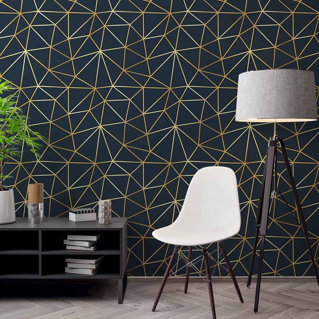 Papel de Parede Adesivo Efeito Zara Azul Noturno com Linhas em Ouro Gold Lavável Rolo de 3 Metros