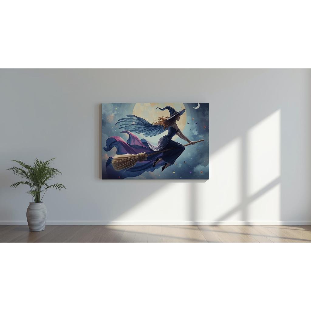 Quadros decorativos 1 peça Tema Bruxa Voando - fundo noturno - Disponível em diversas opções de tama