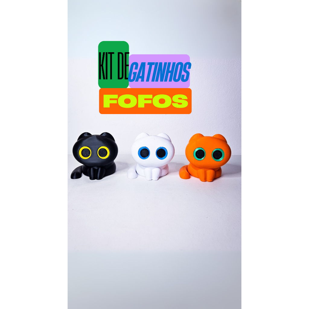 Kit 3 Gatinhos Big Eyes Fofos Decoração Mesa Quarto Olhos Grandes 3D