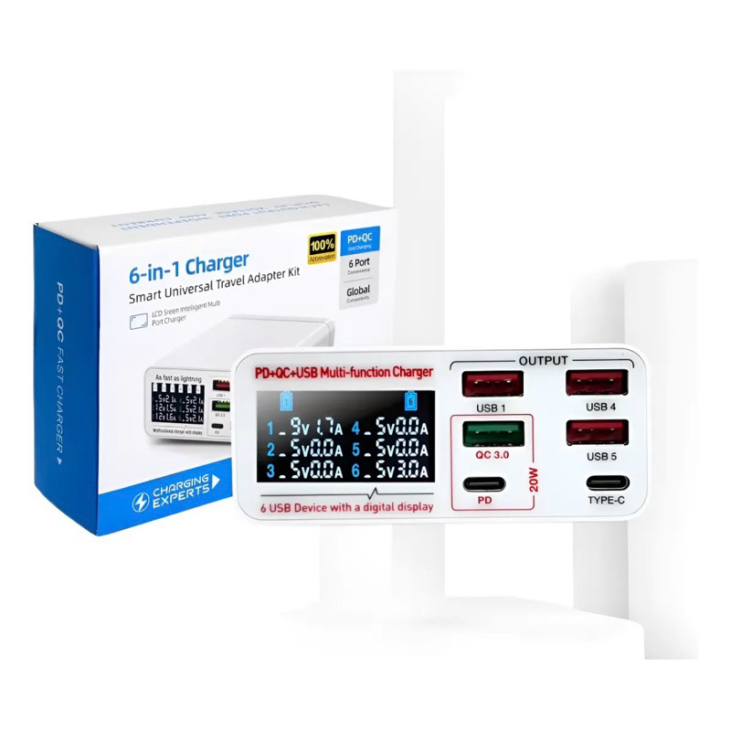 Carregador USB 6 Portas 40W com Display LED |4USB +2 Tipo C 1 Turbo 3.0 Fast Charge Bivolt para Celular, iPhone e Tablet