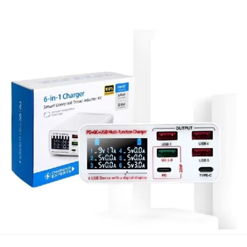 Carregador USB 6 Portas 40W com Display LED |4USB +2 Tipo C 1 Turbo 3.0 Fast Charge Bivolt para Celular, iPhone e Tablet