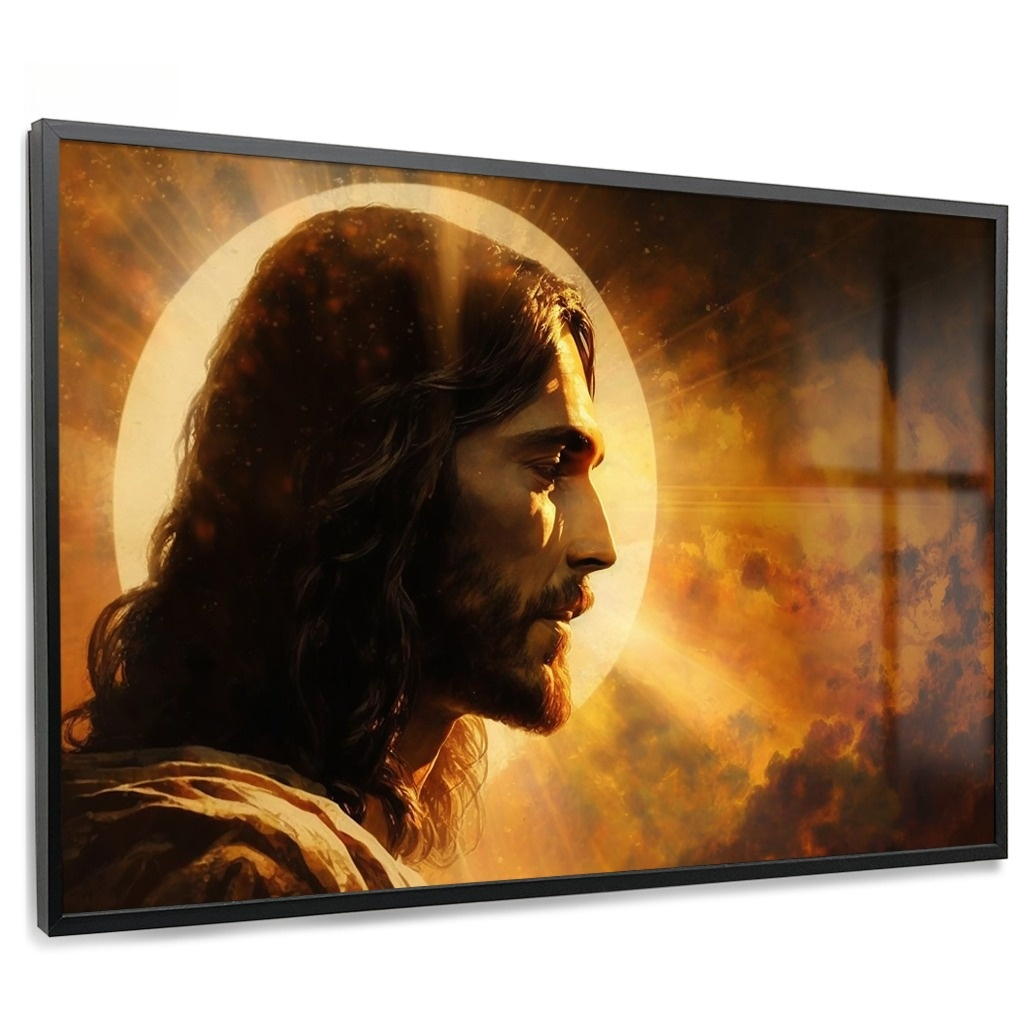 Quadro Decorativo Jesus Rosto Circulo Dourado Estilo Antigo Luz Divina Casa Sala Quarto Decoração Hall
