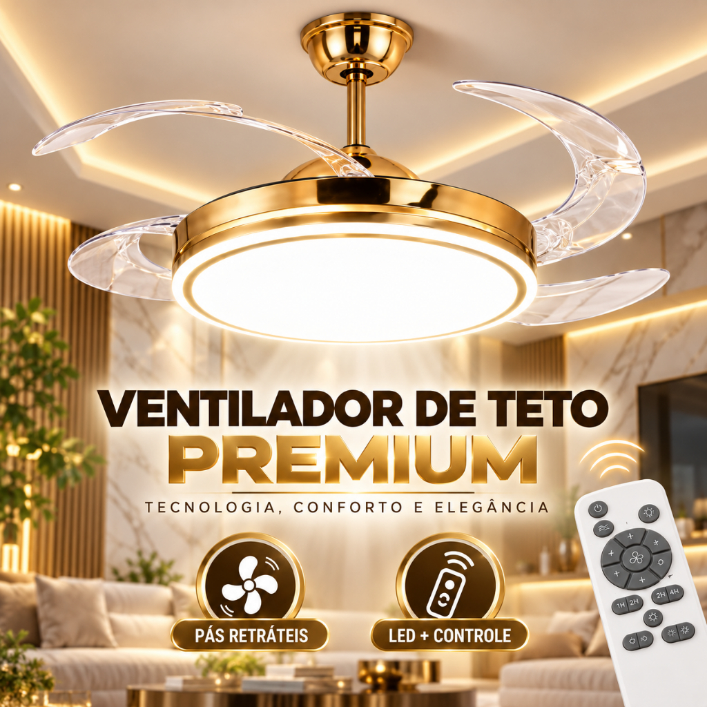 Ventilador de Teto Retrátil LED Fresh Wind Iluminação Ventilação com Tecnologia e Estilo Lustre Gold