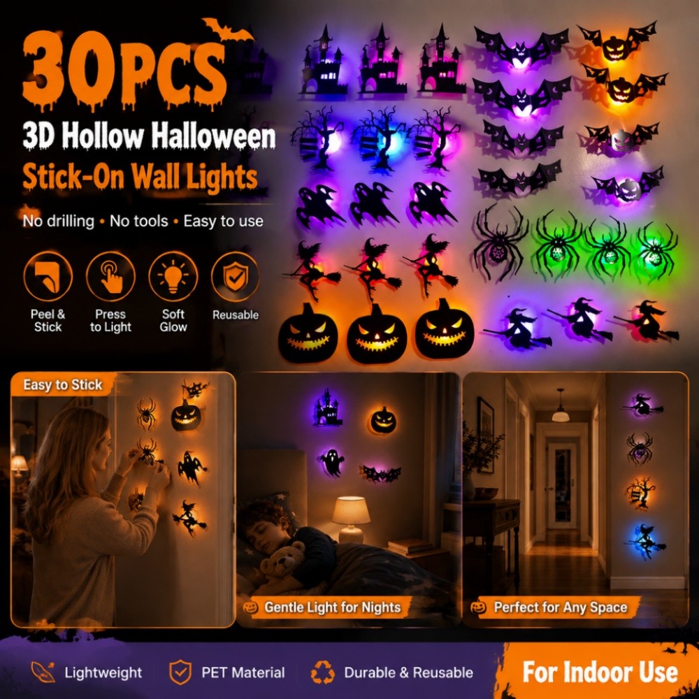 30 Pçs/Set Halloween Oco Out Night Light Efeito 3D Adesivos De Parede Abóbora Morcego Bruxa Tema De Estilo Festivo Decor