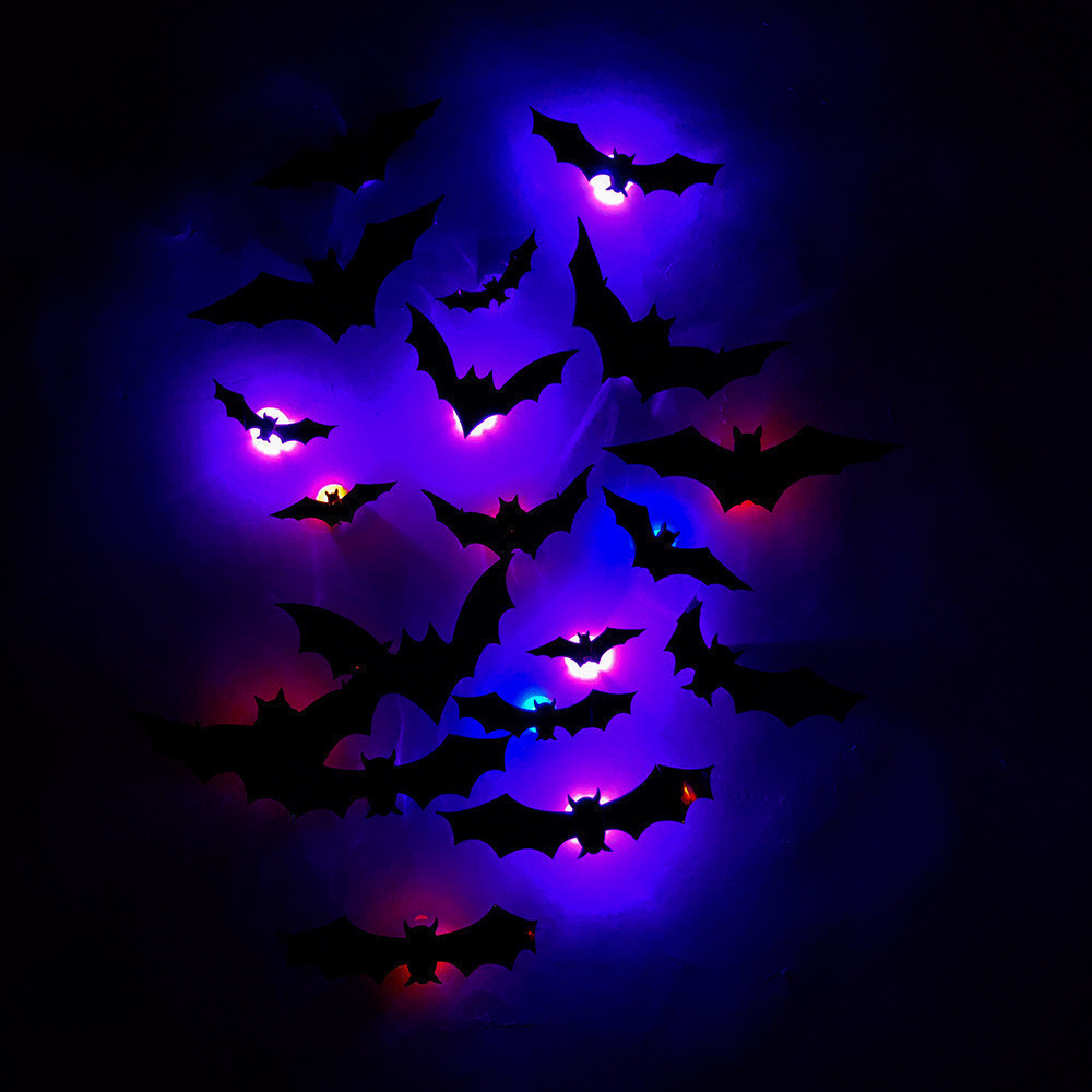 Halloween 3D LED Night Light Bat Spider Adesivos De Parede Decoração De Festa De Garagem Decalques Brilhantes Para Anima