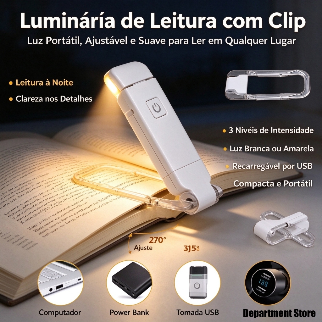 LED Book Reading Light Adjustable Brightness USB Eye Protection Clip Portable Bookmark Light