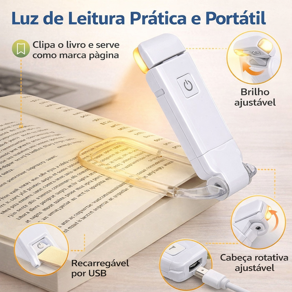 LED Book Reading Light Adjustable Brightness USB Eye Protection Clip Portable Bookmark Light