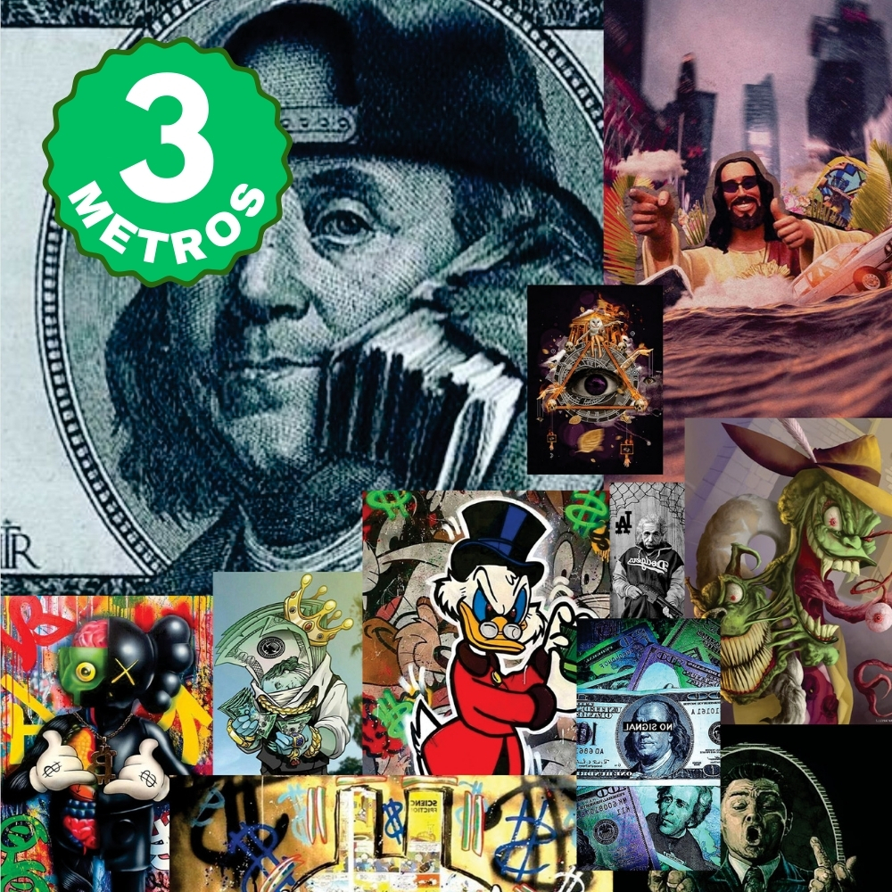 Papel de Parede Adesivo Auto Colante Quadrinhos Gangster Dólar Fosco Lavável 3 Metros