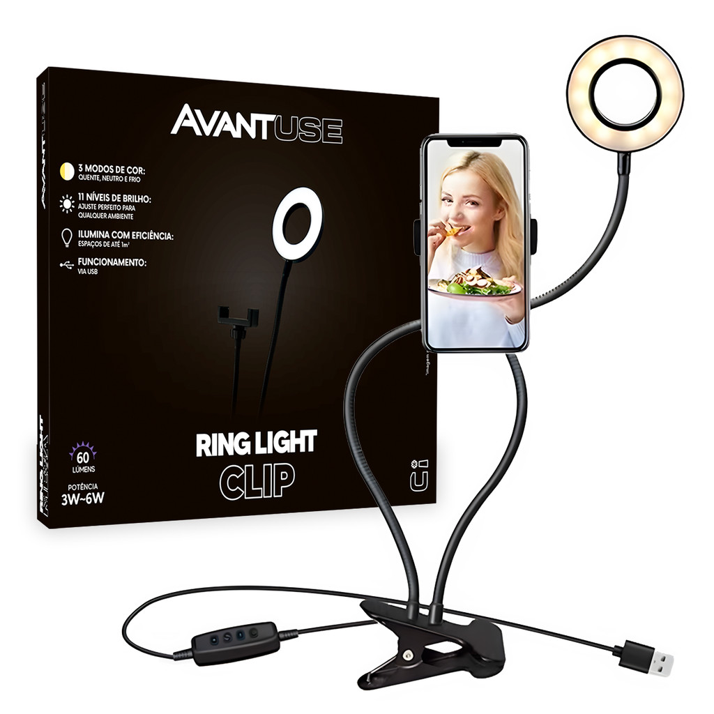 Iluminador Ring Light Clip Universal 6w 3000K/6500K Com 11 Níveis de Brilho Avant Use