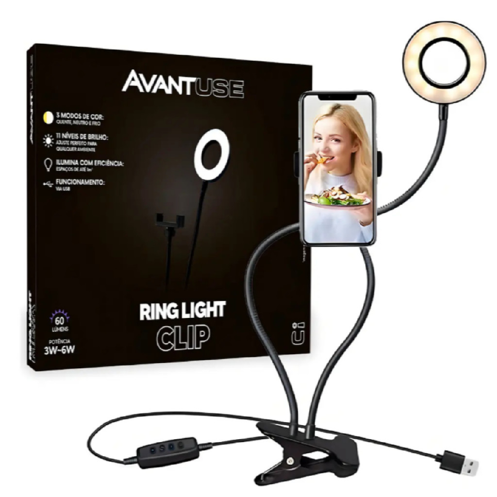 Ring Light Avant USB Com Clip Universal 6W Luz Quente Neutra e Fria 11 Níveis de Brilho